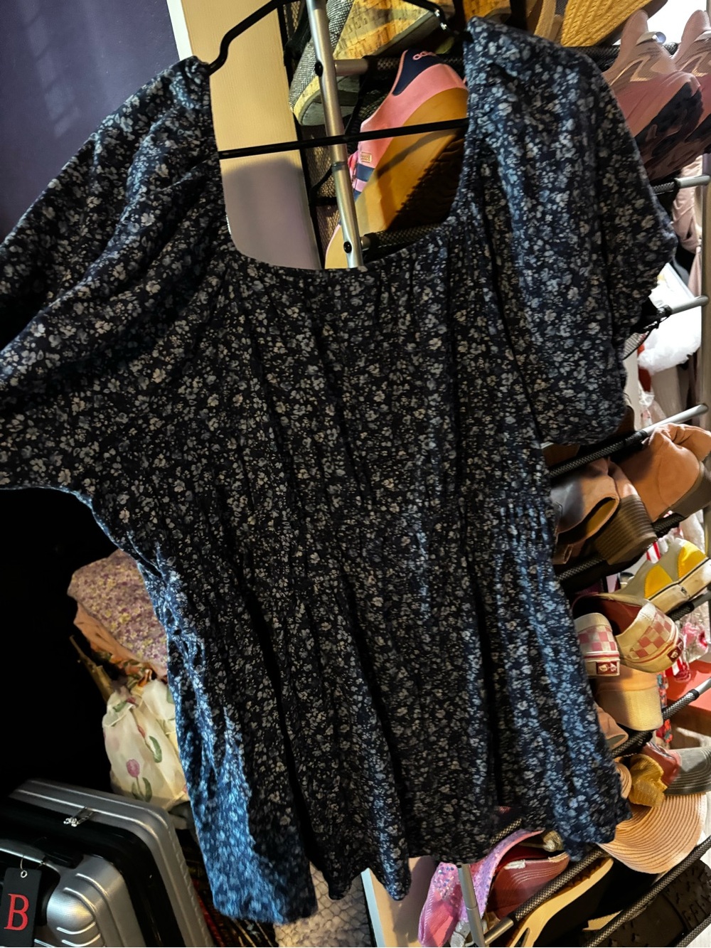 Floral Peasant Blouse - Navy Blue